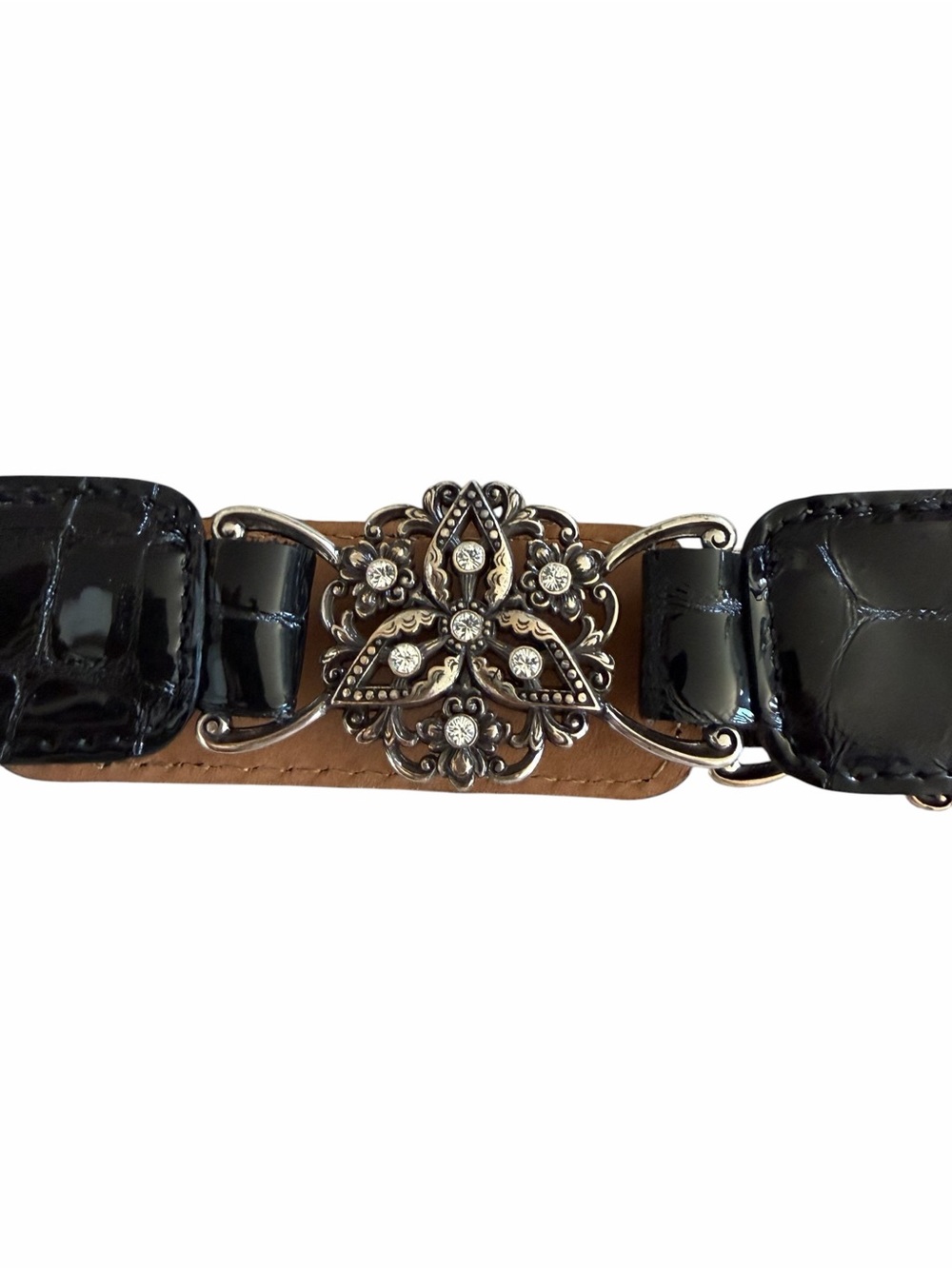Vintage Brighton Black Croc Embossed Leather Belt Silver Crystal Buckle Size 32 - Picture 4 of 13